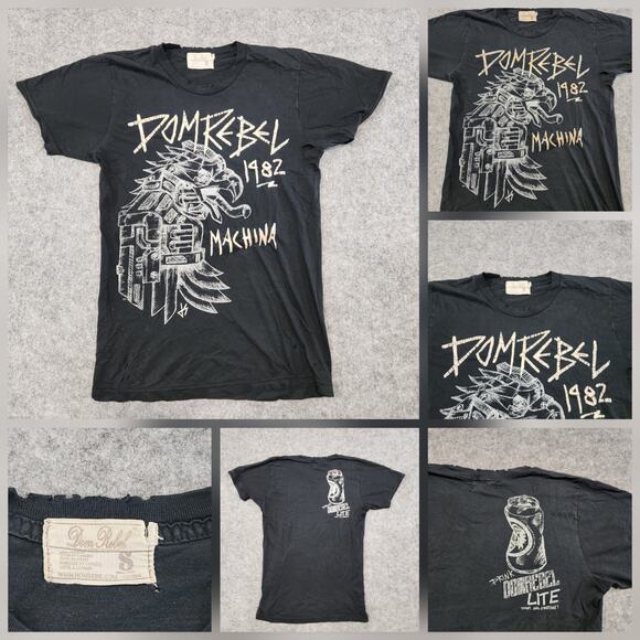 Dom Rebel Machina 1982 Mens S Small Black Distressed Double Side Graphic T Shirt - Picture 1 of 14